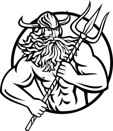 Illustration for Aegir Hler or Gymir God of Sea in Norse Mythology with Trident Circle Mascot - Royalty Free Image