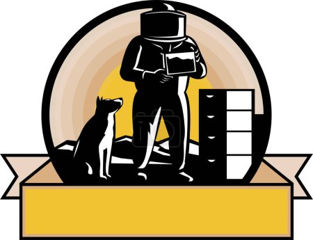 Téléchargez les illustrations : Apiculteur avec chien et ruche dans une bannière circulaire et un défilement rétro - en licence libre de droit