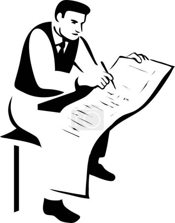 Illustration for Businessman Writing a Long List Retro Style - Royalty Free Image