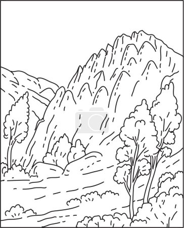 Illustration for Pinnacles National Park of the Salinas Valley in Central California Mono Line Art - Royalty Free Image