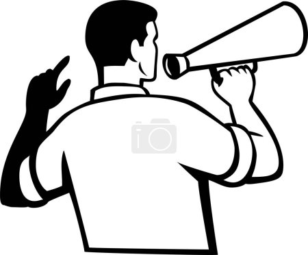 Illustration for Union Activist Worker with Bullhorn Viewed from Rear View Retro Style - Royalty Free Image