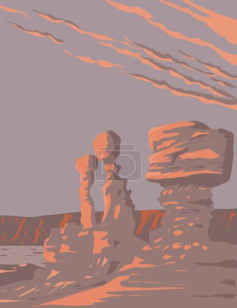 Téléchargez les photos : Affiche d'art de la WPA de formations rocheuses dans le parc provincial Ischigualasto ou le parc provincial Ischigualasto dans la province de San Juan, Argentine, réalisée dans l'administration de projets d'œuvres ou style Art déco - en image libre de droit