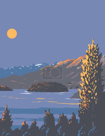 Ilustración de Cartel del WPA arte del Lago Nahuel Huapi o Lago Nahuel Huapi, un lago andino en el norte de la Patagonia en Argentina realizado en obras de administración de proyectos o Art Deco - Imagen libre de derechos