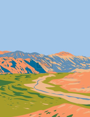 Illustration for WPA poster art of Quebrada de las Conchas or Quebrada de Cafayate in the The Argentine Northwest in Argentina done in works project administration or Art Deco style. - Royalty Free Image