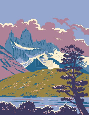Téléchargez les illustrations : Affiche d'art de la WPA de Monte Fitz Roy avec lac Viedma située dans le champ de glace de Patagonie méridionale près du village El Chalten en Patagonie, Argentine fait dans l'administration de projet de travaux ou style Art déco - en licence libre de droit