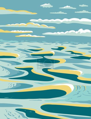 Téléchargez les illustrations : Affiche d'art WPA du parc national Lencois Maranhenses avec des dunes et des lagunes d'eau douce au Brésil réalisée dans l'administration de projets d'œuvres ou style Art déco - en licence libre de droit