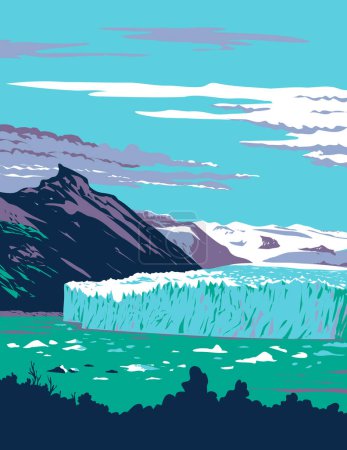 Ilustración de Arte póster WPA del Glaciar Perito Moreno ubicado en el Parque Nacional Los Glaciares en el suroeste de la Provincia de Santa Cruz, Argentina realizado en obras de administración de proyectos o estilo Art Deco. - Imagen libre de derechos