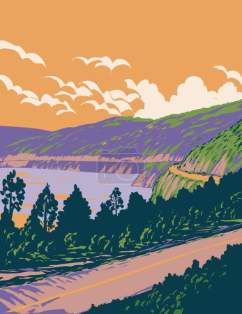 Illustration for WPA poster art of Road or Route of the Seven Lakes between Villa La Angostura in Neuquen and San Martin de Los Andes in Patagonia, Argentina done in works project administration or Art Deco style. - Royalty Free Image
