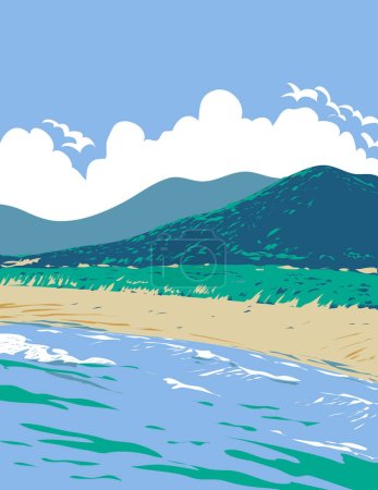 Illustration for WPA poster art of Praia da Joaquina, one of the 42 beaches of Florianopolis or Floripa located Santa Catarina in the south region of  Brazil done in works project administration or Art Deco style - Royalty Free Image