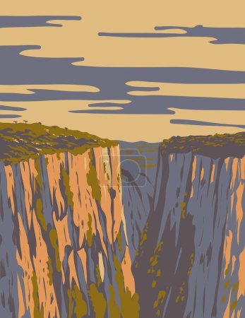 Illustration for WPA poster art of Itaimbezinho canyon in Aparados da Serra National Park in the Serra Geral range of Rio Grande do Sul and Santa Catarina Brazil done in works project administration or Art Deco style - Royalty Free Image