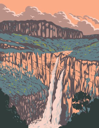 Téléchargez les illustrations : Affiche d'art de la WPA de la cascade Salto II de Rivière Noire dans le parc national Chapada dos Veadeiros à Golas, Brésil fait dans l'administration de projet de travaux ou style Art déco - en licence libre de droit