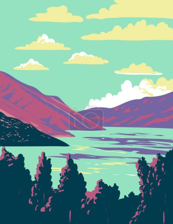 Illustration for WPA poster art of Deer Creek State Park located in Charleston, Wasatch County in the southwest corner of the Heber Valley Utah, United States done in works project administration or Art Deco style. - Royalty Free Image