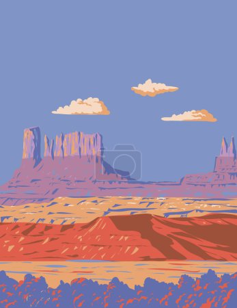 Téléchargez les illustrations : Affiche d'art de la WPA de Monument Valley Navajo Tribal Park dans la région du plateau du Colorado dans l'Utah et la ligne de l'État de l'Arizona aux États-Unis fait dans l'administration de projets d'œuvres ou de style Art déco - en licence libre de droit