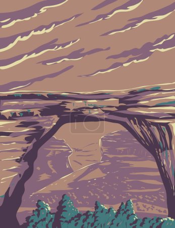 Ilustración de WPA poster art of Sipapu Natural Bridge in Natural Bridges National Monument spanning White Canyon Creek in San Juan County, Utah Estados Unidos done in works project administration or Art Deco style - Imagen libre de derechos