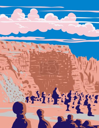 Téléchargez les illustrations : Affiche d'art WPA de hoodoos ou gobelins dans le parc d'État de Goblin Valley situé dans le comté d'Emery, Utah aux États-Unis fait dans l'administration de projets d'œuvres ou de style Art déco - en licence libre de droit