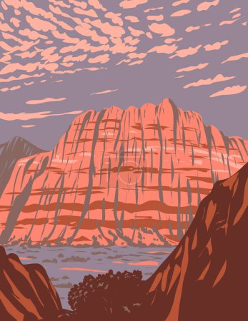 Ilustración de Arte del cartel del WPA del Parque Estatal Snow Canyon dentro de la Reserva del Desierto de Red Cliffs cerca de Ivins y St. George en el Condado de Washington Utah en los Estados Unidos hecho en la administración de proyectos de obras o estilo Art Deco - Imagen libre de derechos