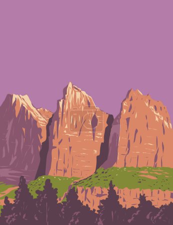 Téléchargez les illustrations : Affiche d'art WPA des Trois Patriarches dans le parc national de Sion situé près de Springdale dans l'Utah, États-Unis fait dans l'administration de projets d'œuvres ou de style Art déco - en licence libre de droit