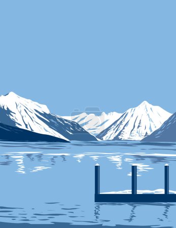 Téléchargez les illustrations : Affiche d'art WPA du lac McDonald pendant l'hiver dans le parc national des Glaciers près du comté de Flathead dans le Montana, États-Unis fait dans l'administration de projet de travaux ou style Art déco - en licence libre de droit