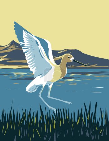 WPA poster art of American Avocet in the Great Salt Lake, America's Dead Sea located in Salt Lake City, Utah United States done in works project administration or Art Deco style