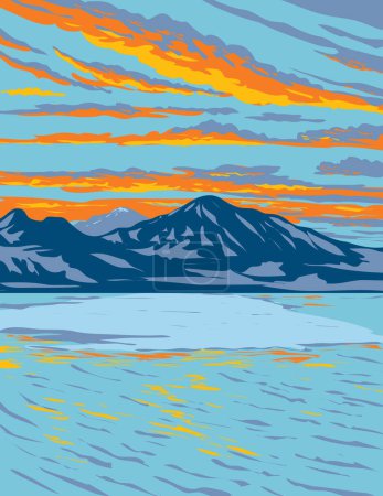 Illustration for WPA poster art of Bonneville Salt Flats, a densely packed salt pan in Tooele County in northwestern Utah, United States done in works project administration or Art Deco style. - Royalty Free Image