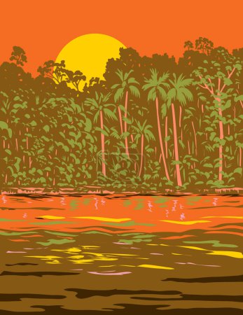 Illustration for WPA poster art of the Amazon River or Rio Amazonas in Brazil, South America done in works project administration or Art Deco style. - Royalty Free Image