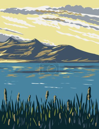 Illustration for WPA poster art of the Great Salt Lake, America's Dead Sea located in Salt Lake City, Utah United States done in works project administration or Art Deco style - Royalty Free Image