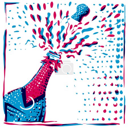 Illustration for Champagne bottle popping Risograph - Royalty Free Image