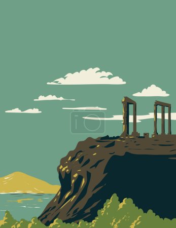 Illustration for WPA poster art of Cape Sounion with temple of Poseidon ruins and Patroklos island in Attica within Sounio National Woodland Park Greece done in works project administration or Art Deco style - Royalty Free Image