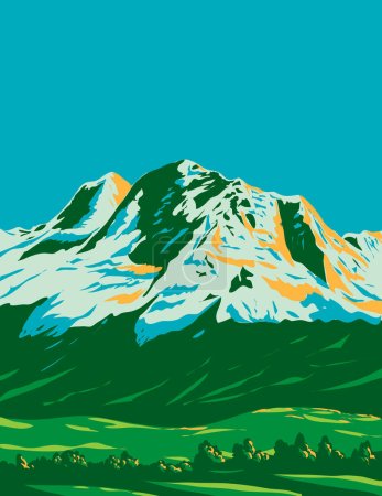Illustration for WPA poster art of Cordillera Blanca with Huandoy, Huascaran and Chopicalqui mountains part of the larger Andes range in Ancash region Peru done in works project administration or Art Deco style - Royalty Free Image