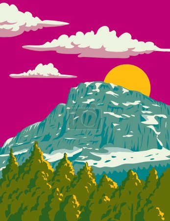 Téléchargez les photos : Affiche d'art WPA du Mont Tymphe ou Tymfi dans le nord de la chaîne de montagnes Pindus dans le parc national Vikos-Aoos dans le nord-ouest de la Grèce fait dans l'administration de projets d'œuvres ou de style Art déco. - en image libre de droit
