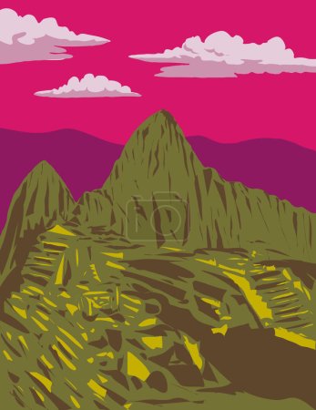 Téléchargez les illustrations : Affiche d'art WPA de Machu Picchu Ville perdue des Incas dans le district de Machupicchu Province d'Urubamba au-dessus de la vallée sacrée Cordillère orientale au Pérou fait dans l'administration de projet d'œuvres ou style Art déco - en licence libre de droit