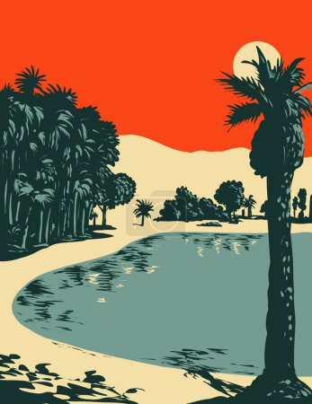 Illustration for WPA poster art of Huacachina or the oasis of America , a village built around a small oasis and surrounded by sand dunes in southwestern Peru done in works project administration or Art Deco style. - Royalty Free Image