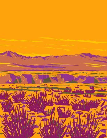 Téléchargez les illustrations : Affiche d'art WPA du désert d'Atacama, un plateau désertique situé sur la côte Pacifique de l'Argentine et du Chili en Amérique du Sud fait dans l'administration de projets d'œuvres ou de style Art déco - en licence libre de droit