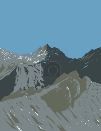 Illustration for WPA poster art of Black Cuillin on Cuillin ridge in the Isle of Skye in the Scottish Highlands, Scotland, the United Kingdom and the British Isles done in works project administration or Art Deco style. - Royalty Free Image