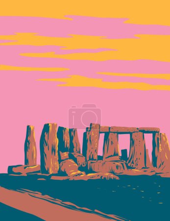 Téléchargez les photos : Affiche d'art WPA de Stonehenge, un monument préhistorique sur la plaine de Salisbury dans le Wiltshire, Angleterre, Royaume-Uni et les îles britanniques fait dans l'administration de projets d'œuvres ou de style Art déco - en image libre de droit