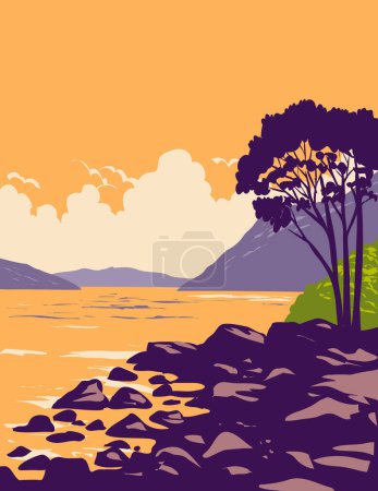 Ilustración de Arte del cartel de WPA del Lago Ness y el Canal Caledonio en Great Glen de Escocia en las Highlands escocesas de Escocia realizado en la administración de proyectos de obras o estilo Art Deco - Imagen libre de derechos