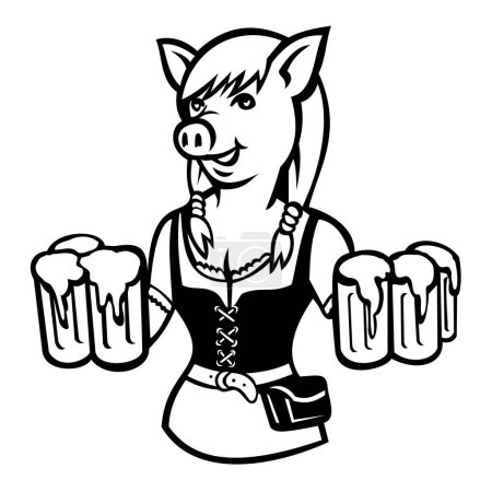 Téléchargez les illustrations : Illustration mascotte de dame porc Oktoberfest serveuse, serveuse de bière ou serveuse de bière portant une dirndl servant six tasses de bière vues de face sur fond isolé dans un style rétro - en licence libre de droit