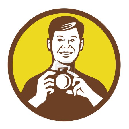 Ilustración de Ilustración de estilo retro de un fotógrafo asiático gay sosteniendo una cámara digital vista desde el frente dentro del círculo sobre un fondo aislado hecho en blanco y negro - Imagen libre de derechos
