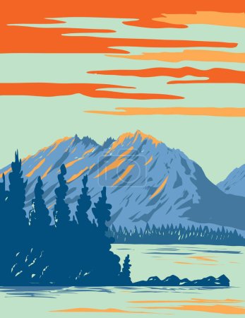 Téléchargez les illustrations : Affiche d'art WPA de Leigh Lake située dans le parc national de Grand Teton dans le Wyoming États-Unis d'Amérique USA fait dans l'administration de projet d'œuvres ou style Art déco - en licence libre de droit