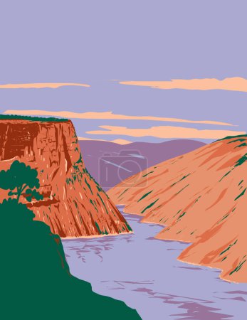 Illustration for WPA poster art of Flaming Gorge National Recreation Area in Wyoming and Utah United States of America done in works project administration or Art Deco style - Royalty Free Image