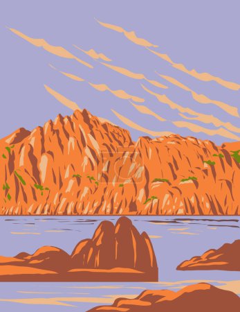 Illustration for WPA poster art of Watson Lake at the Granite Dells in Prescott, Arizona, United States done in works project administration or Art Deco style - Royalty Free Image