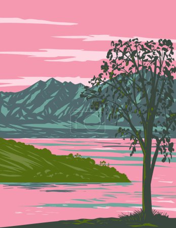 Ilustración de Arte póster WPA de Lake Havasu formado por Parker Dam en el río Colorado en la frontera entre California y Arizona Estados Unidos hecho en la administración de proyectos de obras o estilo Art Deco - Imagen libre de derechos