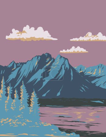 Ilustración de Arte póster WPA de Jackson Lake situado en el Parque Nacional Grand Teton en Wyoming Estados Unidos de América EE.UU. hecho en la administración de proyectos de obras o estilo Art Deco - Imagen libre de derechos
