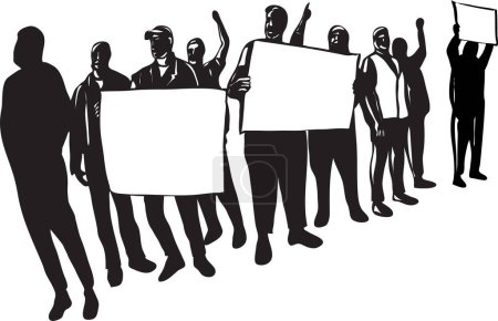 Ilustración de Grupo de manifestantes sosteniendo letreros Retro Woodcut - Imagen libre de derechos