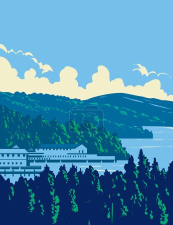 Téléchargez les illustrations : Affiche d'art de la WPA de Weirs Beach sur la rive du lac Winnipesaukee dans la région des lacs du New Hampshire près de Laconia dans le comté de Belknap, New Hampshire fait dans l'administration de projet d'œuvres ou style Art déco - en licence libre de droit