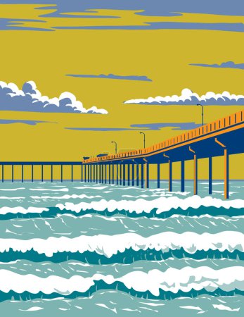 Illustration for WPA poster art of surf beach at Ocean Beach Municipal Pier or OB Pier in San Diego County, California, United States USA done in works project administration. - Royalty Free Image