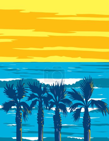 Illustration for WPA poster art of surf beach at Seaside Reef in Cardiff State Beach between Solana Beach and Cardiff-by-the-Sea area of Encinitas, California, United States USA done in works project administration - Royalty Free Image