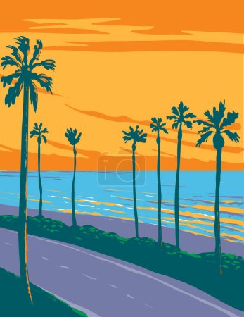 Illustration for WPA poster art of surf beach at Tamarack Surf Beach within Carlsbad State Beach in Carlsbad, California, United States USA done in works project administration - Royalty Free Image