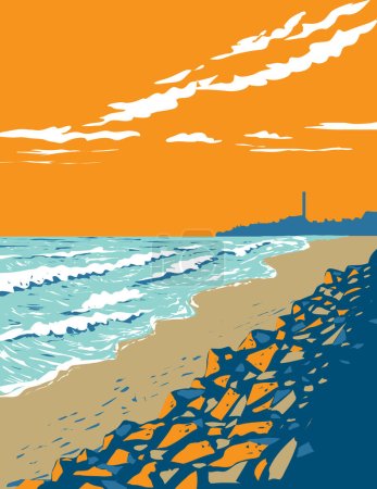 WPA poster art of surf beach at North Ponto Beach within South Carlsbad State Beach park in Carlsbad, California, United States USA done in works project administration