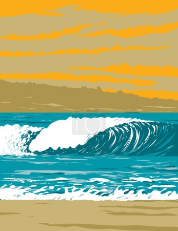 Ilustración de WPA poster art of surf beach at Venice Breakwater located in Venice Beach, Los Ángeles, California, Estados Unidos USA done in works project administration - Imagen libre de derechos